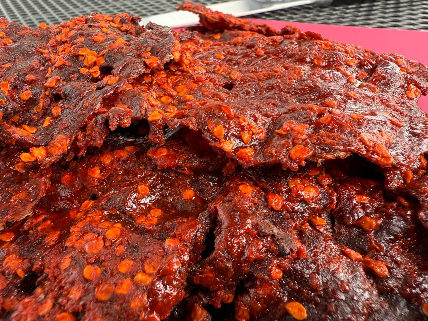 Close-up of chili-coated kilishi beef